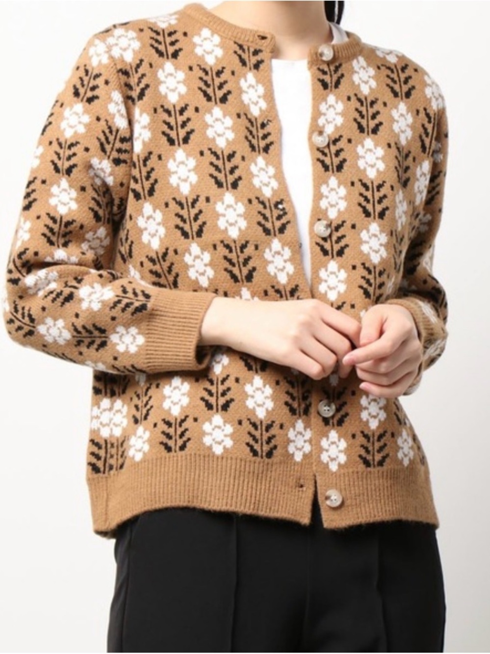 Polagram Floral Knit Cardigan Sweater - Camel/White